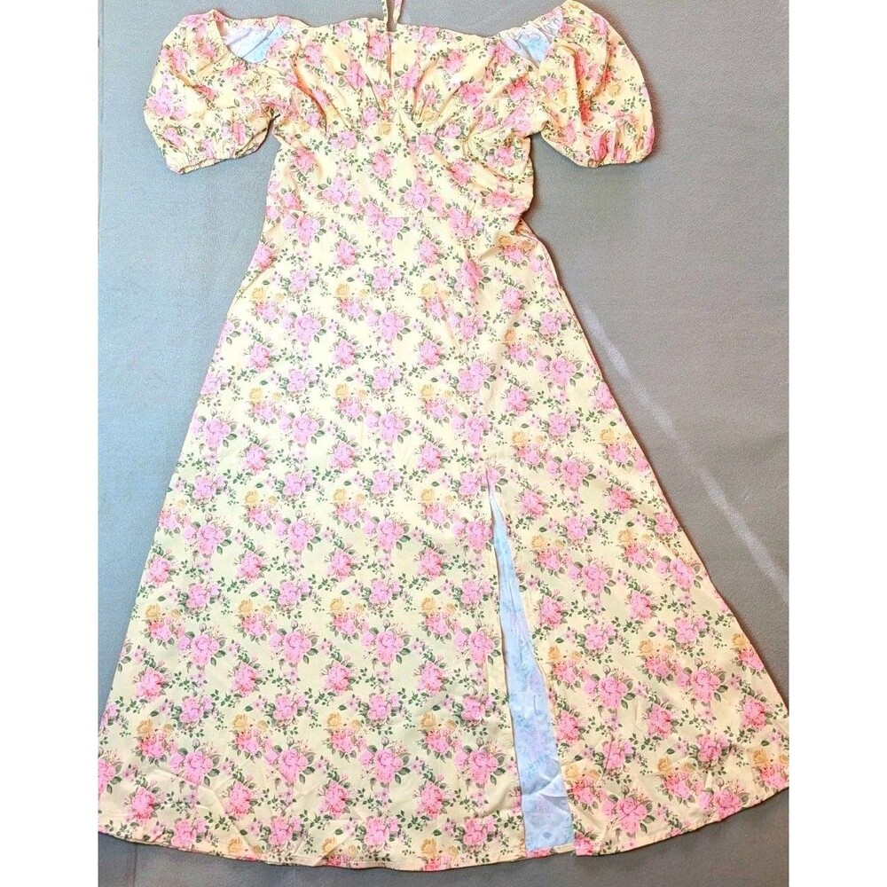 MISSLOOK Floral Maxi Dress M Cream Pink yellow Smocked Puff Sleeve Square Neck